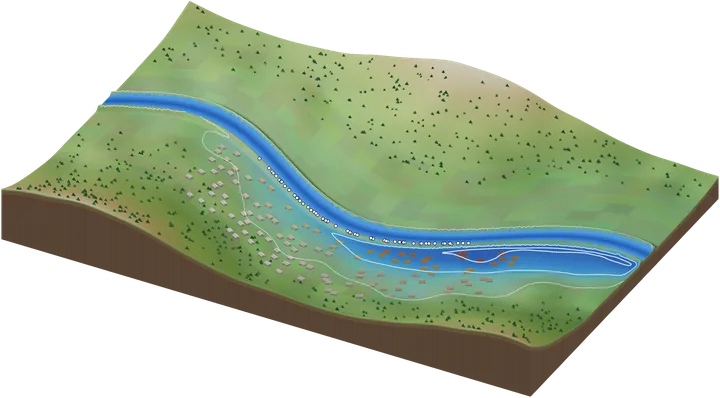 Überflutungswahrscheinlichkeit nach einem Deichbruch an ungewisser Stelle, aus 64 Monte-Carlo-Läufen eines Flachwassermodells